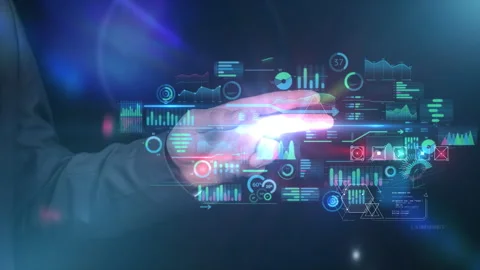 Businessman works with data array virtual infographics. Stock Footage 146879174