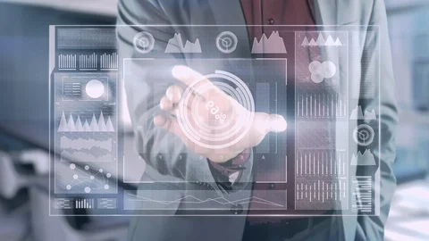 Businessman works with a gallographic information panel. Stock Footage 120181853