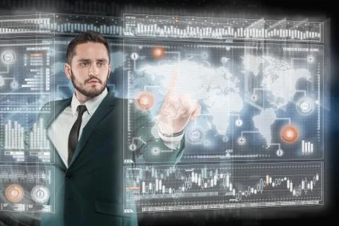 Businessman works with virtual holographic interface. Future technology concept Stock Photos