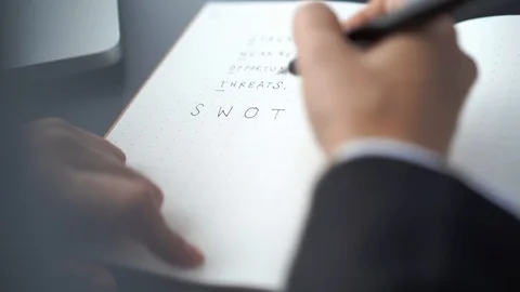 Businessman write words on notebook page, SWOT analysis concept Stock Footage 121257798