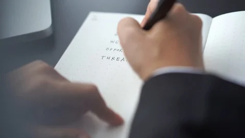 Businessman write words on notebook page, SWOT analysis concept Stock Footage 121257799