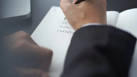 Businessman write words on notebook page, SWOT analysis concept Stock Footage 121257806