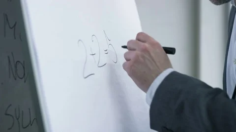 Businessman Writes "2+2=4" Instead of "2+2=5 Stock Footage 73121659