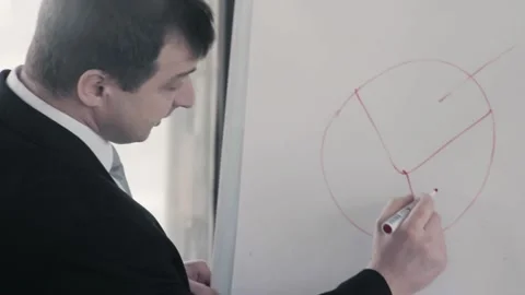 A businessman writes data on a flipchart and communicates with the audience Stock Footage 134157206