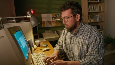 Businessman Writing Email on Retro Computer and Receiving Reply Stock Footage 327236325