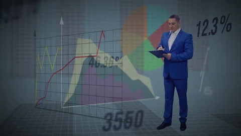 Businessman writing in notepad with business data analytic interface behind Stock Footage 228399433