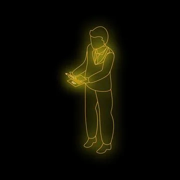 Businessman writing notes taking notes on clipboard and pen glowing neon sign Stock Illustration