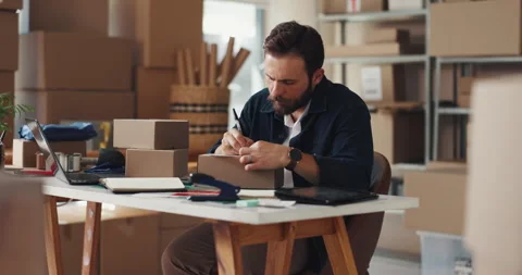 Businessman, writing or label with boxes for delivery, online order or package Stock Footage 301002882