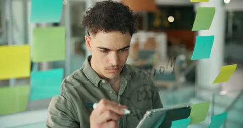 Businessman, writing or planning with tablet on glass board for schedule, tasks Stock Footage 321361774