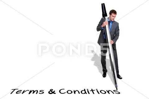 Businessman writing terms and conditions with a giant pen Stock Photos