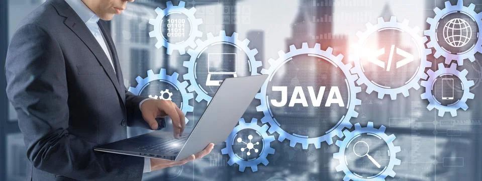 Businessman writing virtual screen: java Technology, internet, business and Foto stock