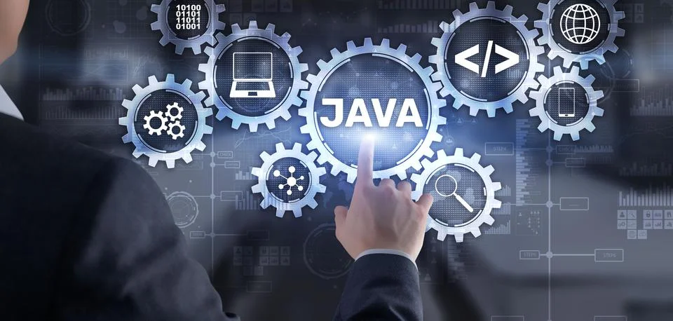 Businessman writing virtual screen: java Technology, internet, business and Foto stock