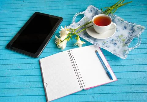 Businessman's breakfast on a blue table Stock Photos