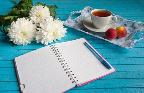 Businessman's breakfast on a blue table Stock Photos