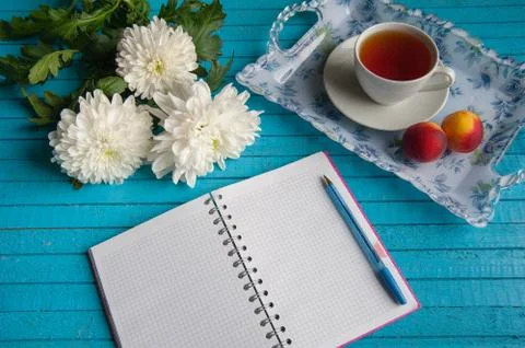 Businessman's breakfast on a blue table Stock Photos