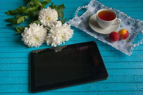 Businessman's breakfast on a blue table Stock Photos