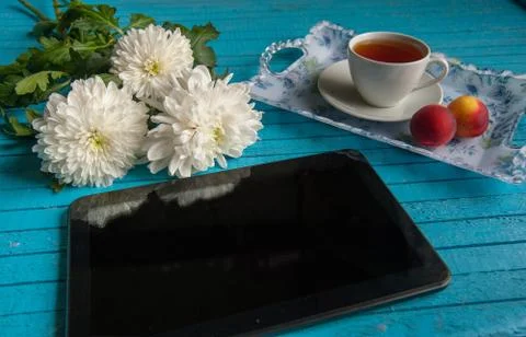 Businessman's breakfast on a blue table Stock Photos
