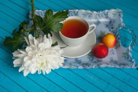 Businessman's breakfast on a blue table Stock Photos