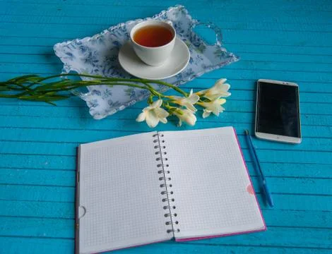Businessman's breakfast on a blue table Stock Photos