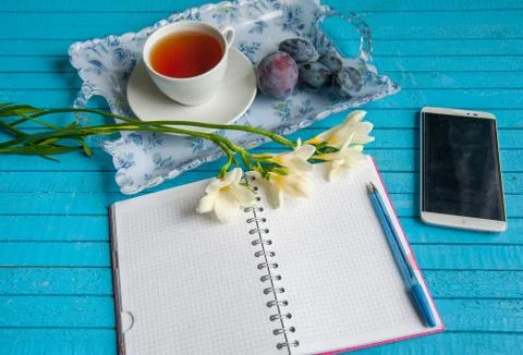 Businessman's breakfast on a blue table Stock Photos