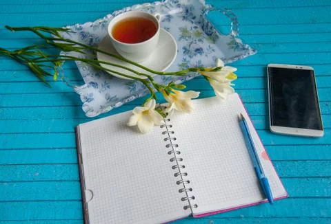 Businessman's breakfast on a blue table Stock Photos