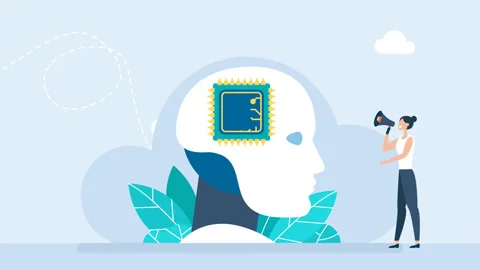 Businessman's hand inserts a chip into robot. Woman  speaks into a loudspeaker Stock Footage 306000328