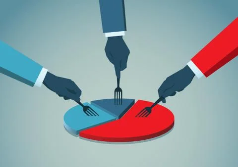 Businessmans hands with fork picking pie chart parts. Financials, market concept Stock Illustration