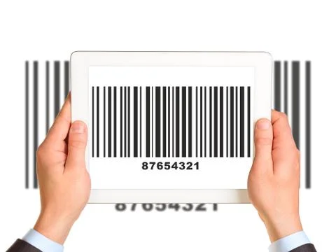 Businessmans hands holding UPC code Foto stock