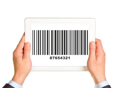Businessmans hands holding UPC code Foto stock