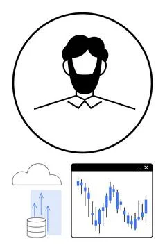 Businessmans profile inside a circle cloud data upload and financial stock ch Stock Illustration