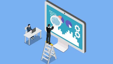 Businessmen analyzing charts, graphs, and statistics on a giant computer mo.. Stock Footage 337954679