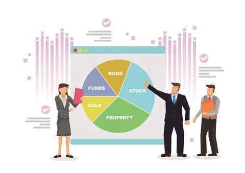 Businessmen and office workers study infographic pie graph, analyze the busin Stock Illustration