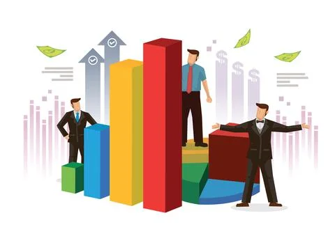 Businessmen and office workers study infographic column graphs, analyze the b Stock Illustration