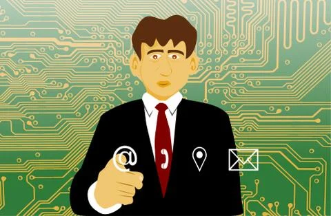 Businessmen are pressing on future computer screens with circuit board backgr Illustrazione stock