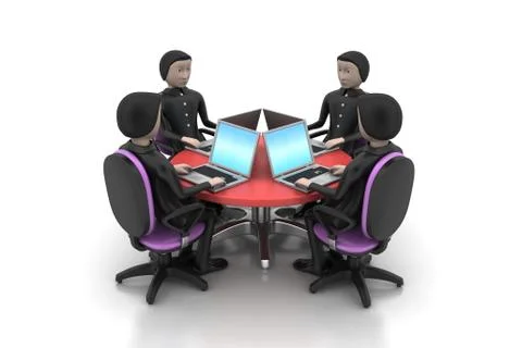 Businessmen around a table looking at laptops Free Stock Illustration