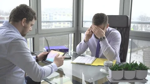 Businessmen, associates, analyzing data on tablet, talk by smartphone, office Vídeos de archivo 73225188