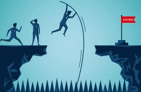 Businessmen competition are jumping using Wood to help from cliff go to the o Stock Illustration