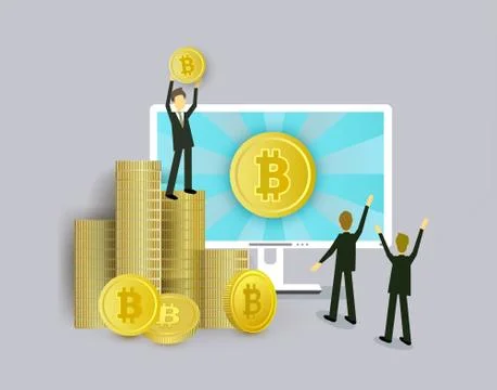 Businessmen, computer and stacks of bitcoin coins Stock Illustration