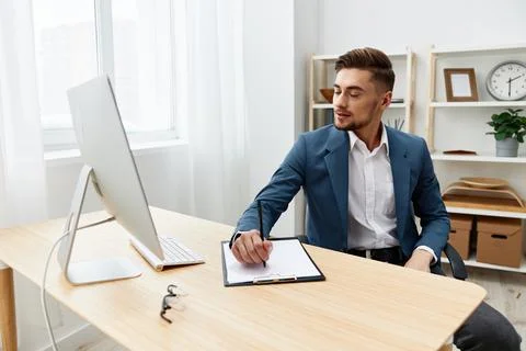 Businessmen computer desktop work self-confidence paper folder isolated Stock Photos
