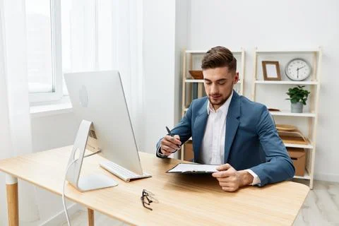Businessmen computer desktop work self-confidence paper folder isolated Stock Photos