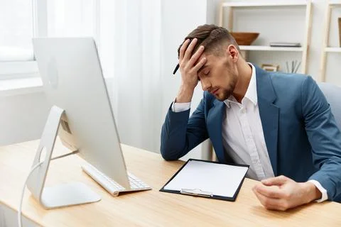 Businessmen computer desktop work self-confidence paper folder Gray background Stock Photos