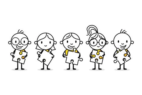 Businessmen connecting puzzle elements. Hand drawn doodle man. Business conce Stock Illustration