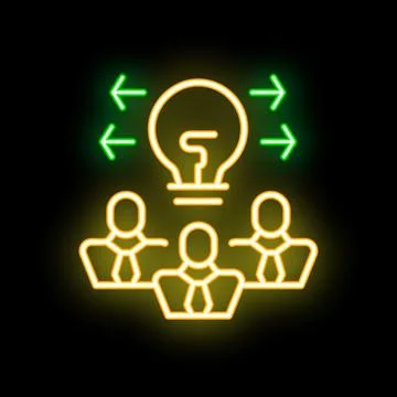 Businessmen exchanging ideas around a light bulb neon sign Stock Illustration