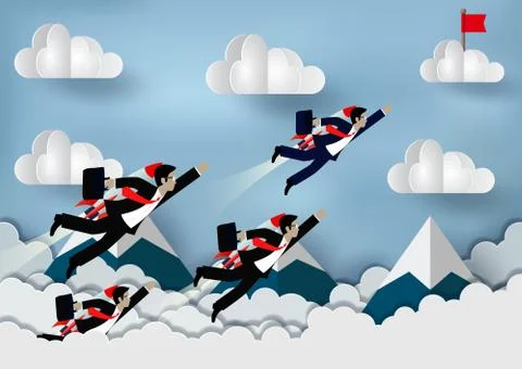 Businessmen flying with rocket engines forward to goal to achieve success. bu Stock Illustration