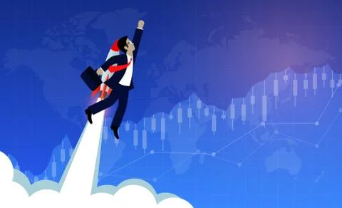 Businessmen flying with rocket engines forward to goal, financial business pl イラスト素材