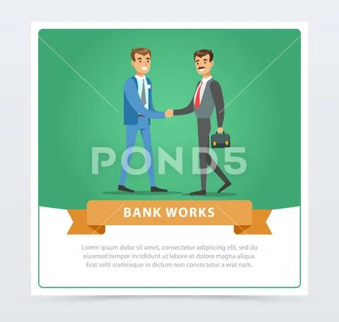Businessmen in formalwear handshaking, bank works banner for advertising Stock Illustration