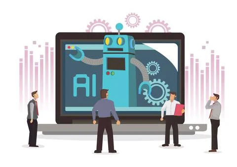 Businessmen with a giant computer with artificial intelligence. Stock Illustration