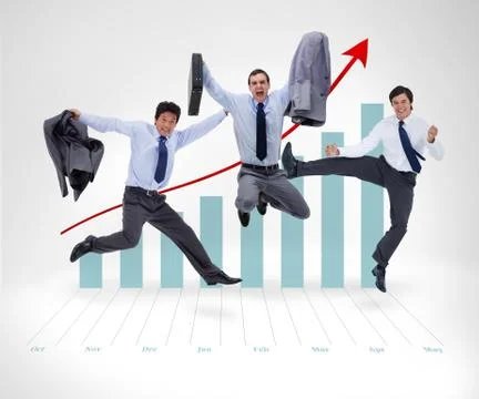 Businessmen jumping before graphical presentation Stock Photos