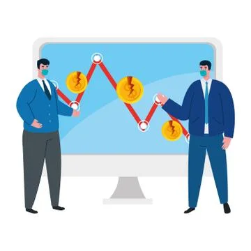 Businessmen with masks and decrease arrow of bankruptcy vector design 库存插图