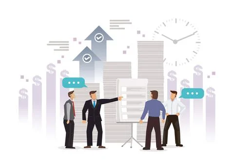 Businessmen at office having a meeting with stack of documents. Illustrazione stock